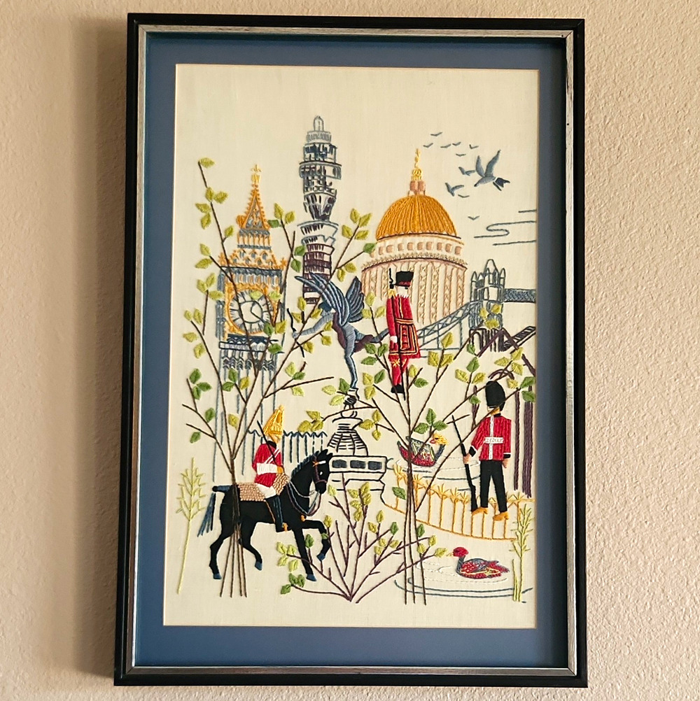 Vtg Mid Century Crewel Needlepoint London Landmarks Framed Art 17x25 Large